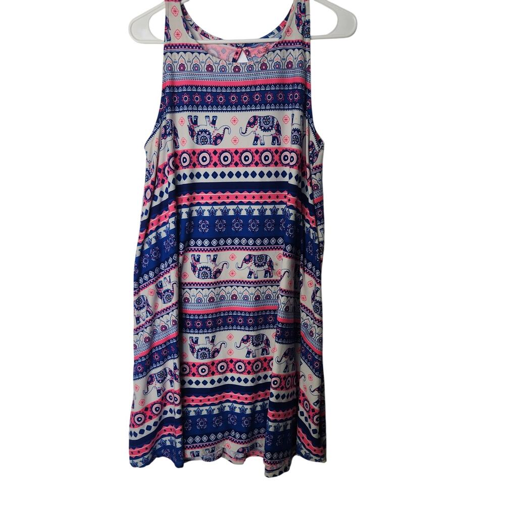Bobbie Brooks Bohemian Elephant Print Sleeveless Shift Tank Dress Size Large